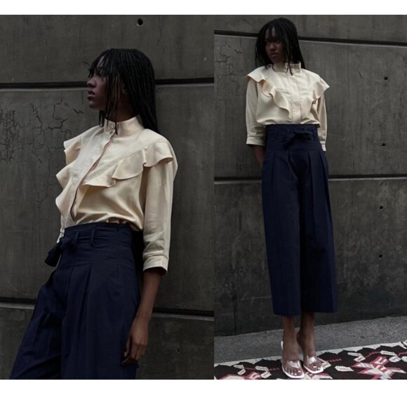 Cihuah Mexico City Designer Ruffle Top Blouse Structured Shoulder Pads High Neck - Picture 2 of 13